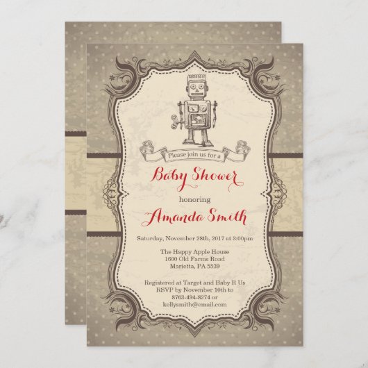 Robot Baby shower Uitnodiging Retro (Voorkant / Achterkant)