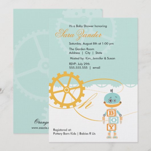 Robot Baby Shower-uitnodigingen | Jongen Kaart (Voorkant / Achterkant)