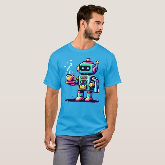 Robot Barista - Pixel Art Coffee Lover Design T-shirt (Voorkant volledig)