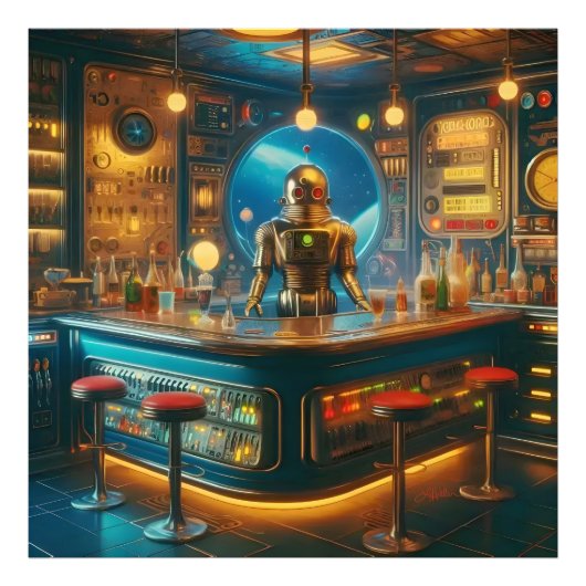 Robot Bartender in Interstellaire Space Age Dive B Foto Afdruk (Voorkant)