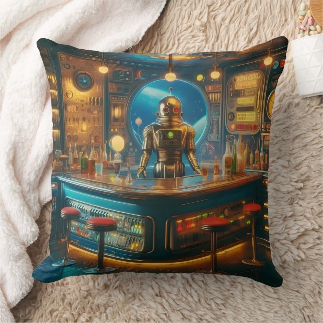 Robot Bartender in Interstellaire Space Age Dive B Kussen (Deken)