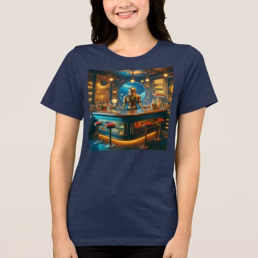 Robot Bartender in Interstellaire Space Age Dive B Tri-Blend Shirt (Voorkant)
