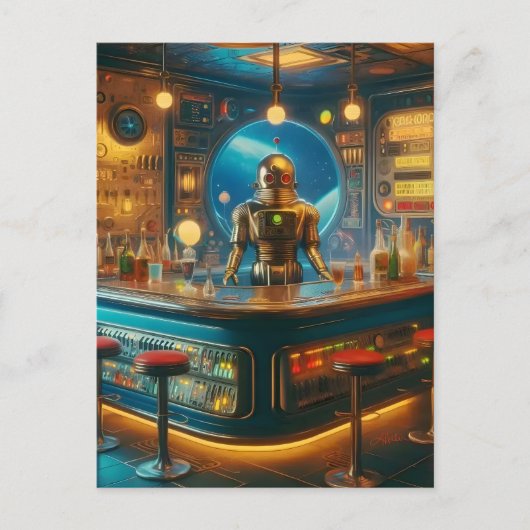 Robot Bartender in Interstellar Space Age Dive Bar Briefkaart (Voorkant)
