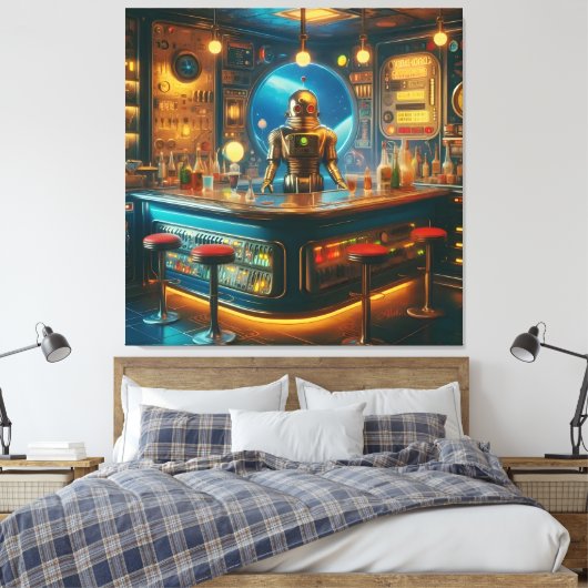 Robot Bartender in Interstellar Space Age Dive Bar Canvas Afdruk (Insitu (Slaapkamer))