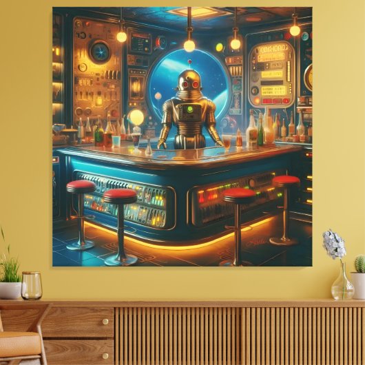 Robot Bartender in Interstellar Space Age Dive Bar Canvas Afdruk (Insitu (Woonkamer))