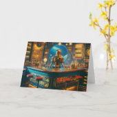 Robot Bartender in Interstellar Space Age Dive Bar Kaart (Gele Bloem)