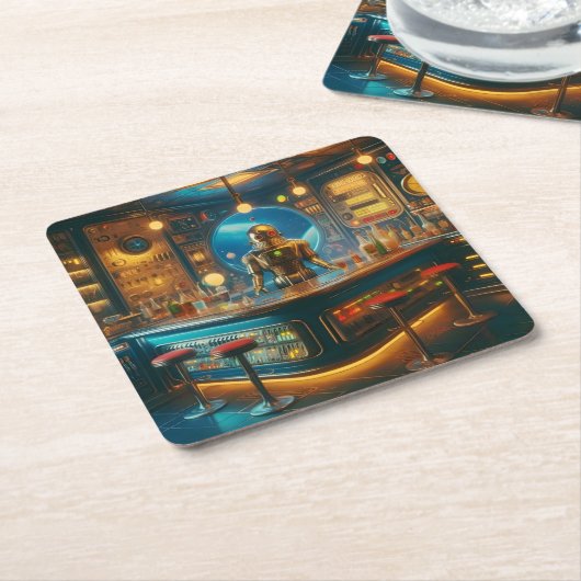 Robot Bartender in Interstellar Space Age Dive Bar Kartonnen Onderzetters (Schuin)