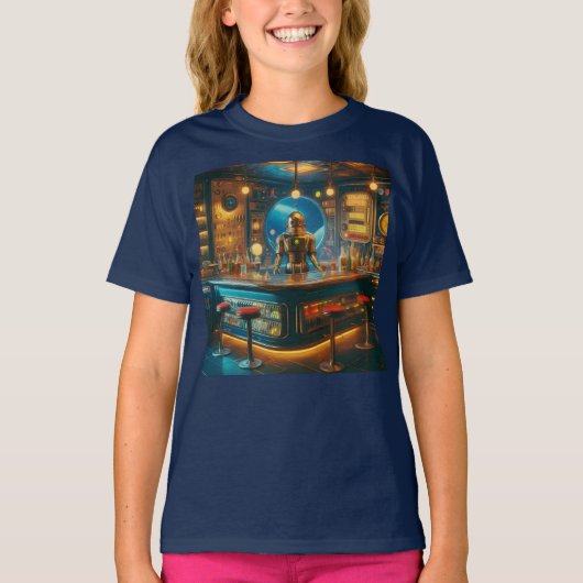 Robot Bartender in Interstellar Space Age Dive Bar T-shirt (Voorkant)