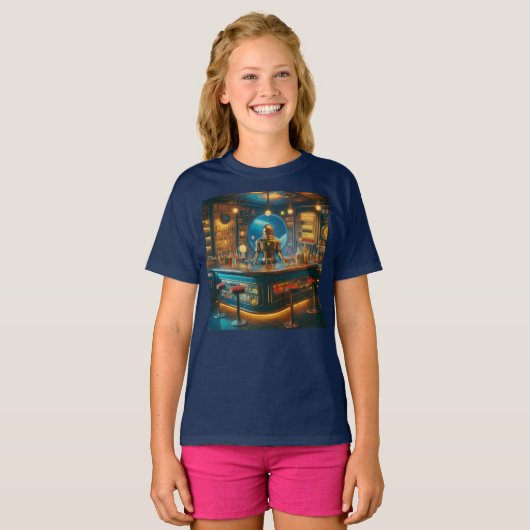 Robot Bartender in Interstellar Space Age Dive Bar T-shirt (Voorkant volledig)
