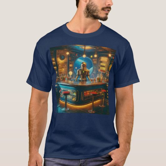 Robot Bartender in Interstellar Space Age Dive Bar T-shirt (Voorkant)