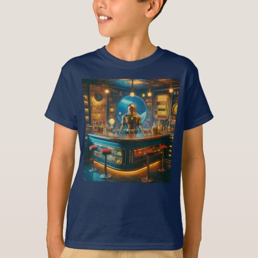 Robot Bartender in Interstellar Space Age Dive Bar T-shirt (Voorkant)