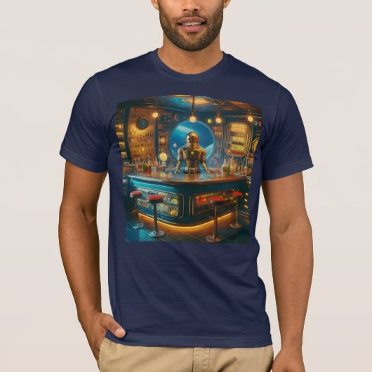 Robot Bartender in Interstellar Space Age Dive Bar T-shirt (Voorkant)