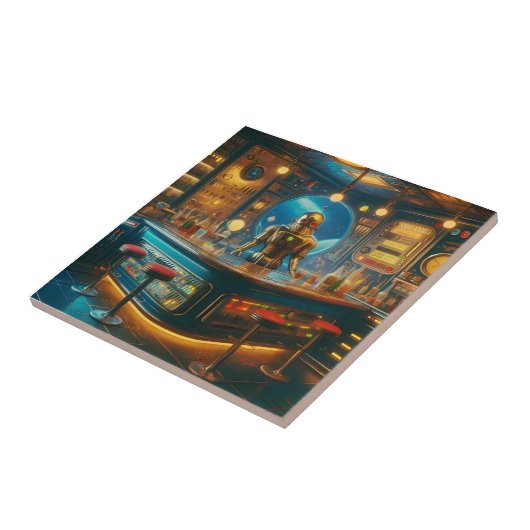 Robot Bartender in Interstellar Space Age Dive Bar Tegeltje (Zijkant)