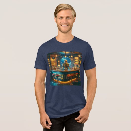 Robot Bartender in Interstellar Space Age Dive Bar Tri-Blend Shirt (Voorkant volledig)