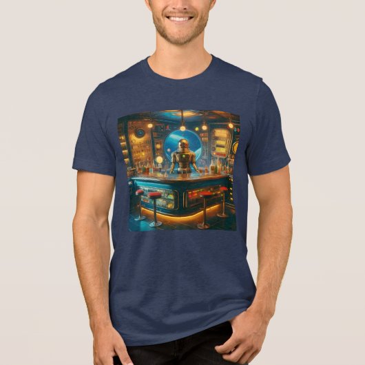 Robot Bartender in Interstellar Space Age Dive Bar Tri-Blend Shirt (Voorkant)