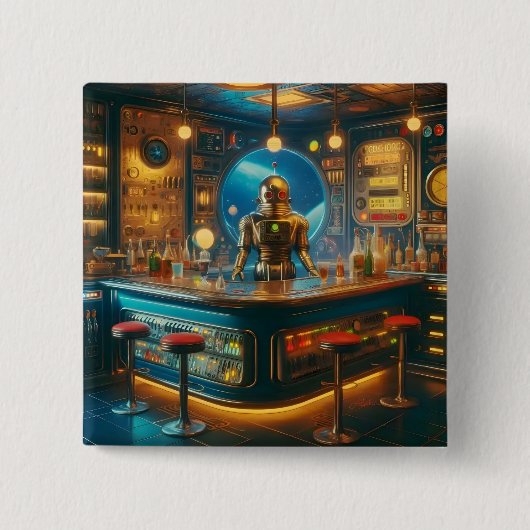 Robot Bartender in Interstellar Space Age Dive Bar Vierkante Button 5,1 Cm (Voorkant)