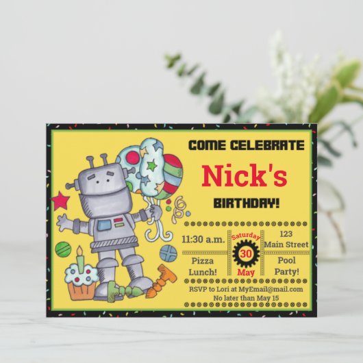 Robot Birthday Birthday Uitnodiging (Staand voorkant)