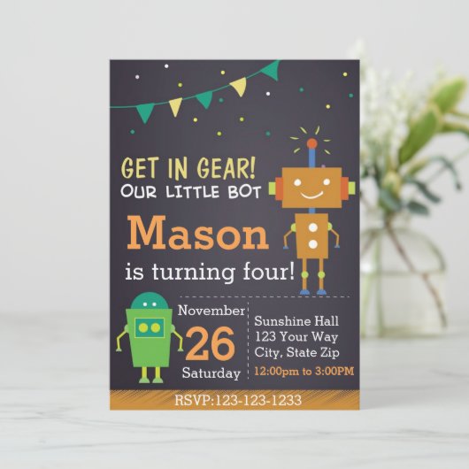 Robot Birthday Invitation Kaart (Staand voorkant)