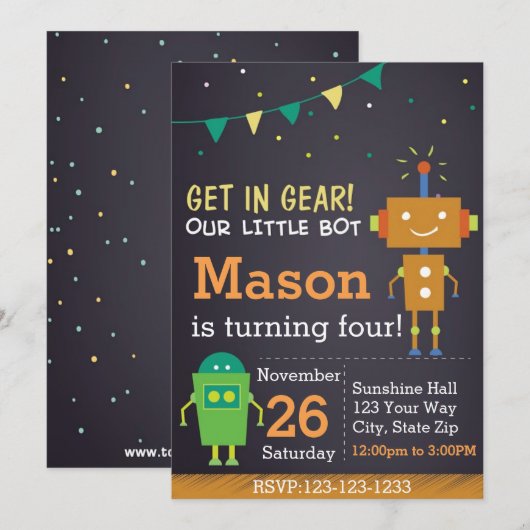 Robot Birthday Invitation Kaart (Voorkant / Achterkant)