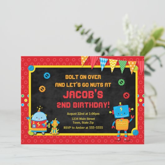 Robot Birthday Invitation Robot Party Invite Kaart (Staand voorkant)