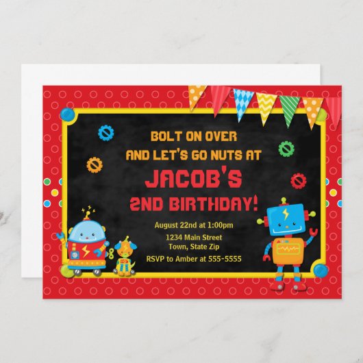 Robot Birthday Invitation Robot Party Invite Kaart (Voorkant / Achterkant)