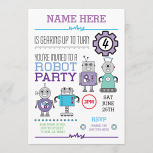 ROBOT Birthday Party Blue Gears Cogs Robots Invite Kaart