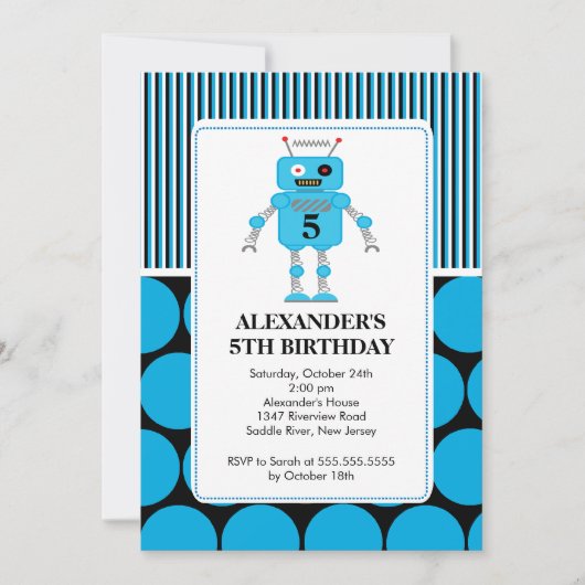 Robot Birthday Party Invitation Blue / Black Kaart (Voorkant)