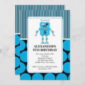 Robot Birthday Party Invitation Blue / Black Kaart (Voorkant / Achterkant)