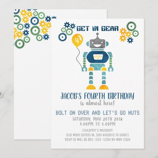 Robot Birthday Party Invitation Kaart (Voorkant / Achterkant)