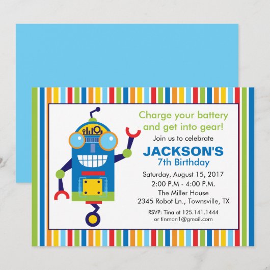 Robot Birthday Party Invitation Kaart (Voorkant / Achterkant)
