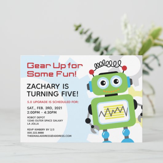 Robot Birthday Party Invitation Kaart (Staand voorkant)