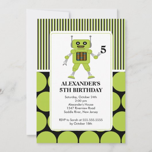 Robot Birthday Party Invitation Limoen/ Black Kaart (Voorkant)