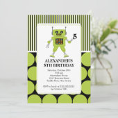 Robot Birthday Party Invitation Limoen/ Black Kaart (Staand voorkant)