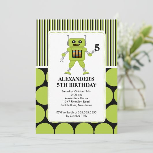 Robot Birthday Party Invitation Limoen/ Black Kaart (Staand voorkant)