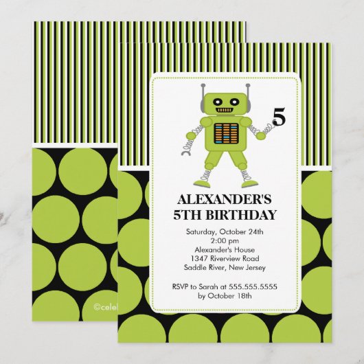 Robot Birthday Party Invitation Limoen/ Black Kaart (Voorkant / Achterkant)