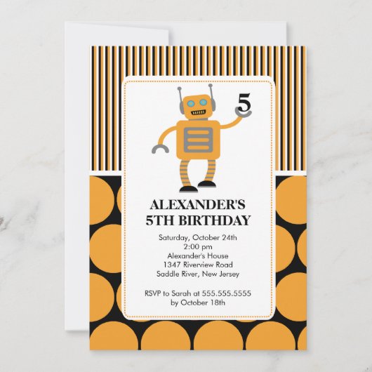 Robot Birthday Party Invitation Oranje / Black Kaart (Voorkant)