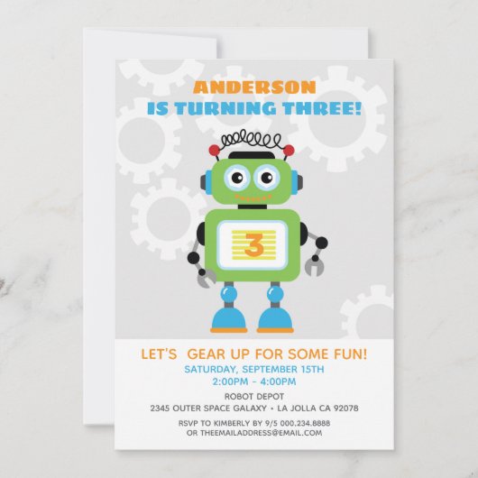 Robot Birthday Party Invitation - Wil,Bot Beep Bop Kaart (Voorkant)