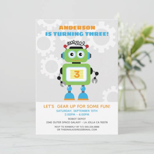 Robot Birthday Party Invitation - Wil,Bot Beep Bop Kaart (Staand voorkant)