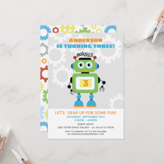 Robot Birthday Party Invitation - Wil,Bot Beep Bop Kaart (Voorkant / Achterkant in situ)