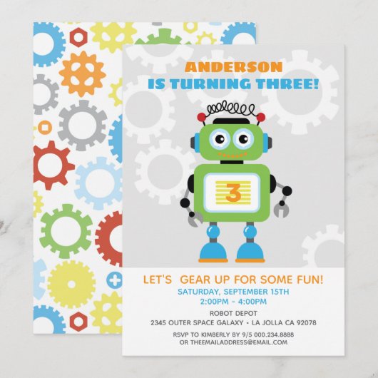Robot Birthday Party Invitation - Wil,Bot Beep Bop Kaart (Voorkant / Achterkant)