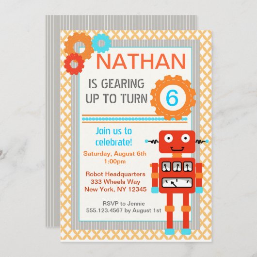 Robot Birthday Party Invitations - Modern Kaart (Voorkant / Achterkant)