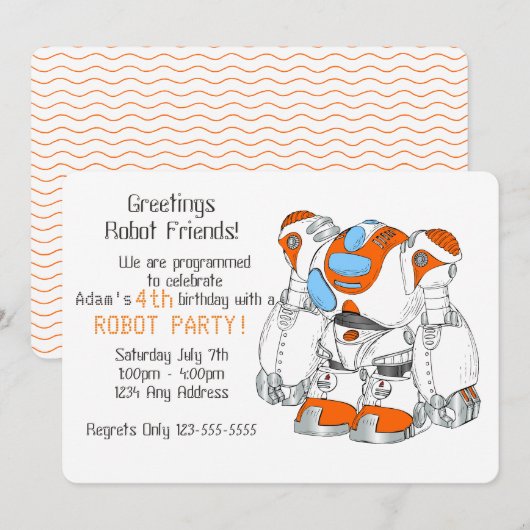 Robot Birthday Party Kaart (Voorkant / Achterkant)
