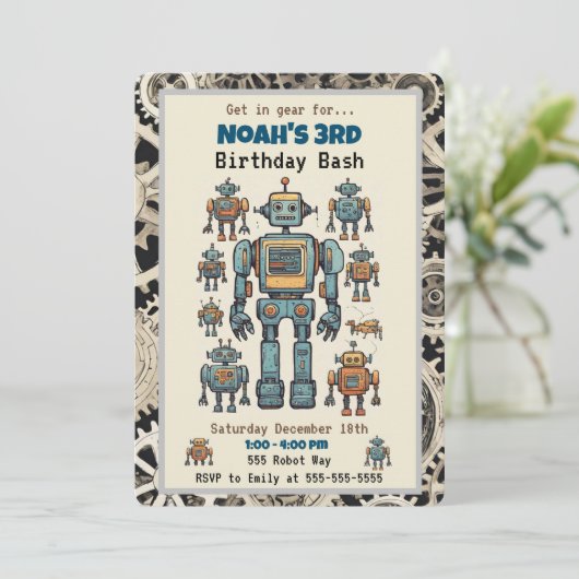 Robot Birthday Party Kaart (Staand voorkant)