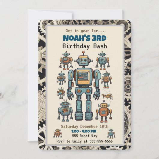 Robot Birthday Party Kaart (Voorkant)