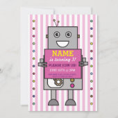 ROBOT Birthday Party roze Stripe Girls Invitation Kaart (Voorkant)