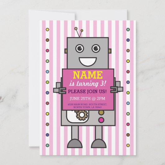 ROBOT Birthday Party roze Stripe Girls Invitation Kaart (Voorkant)