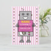ROBOT Birthday Party roze Stripe Girls Invitation Kaart (Staand voorkant)