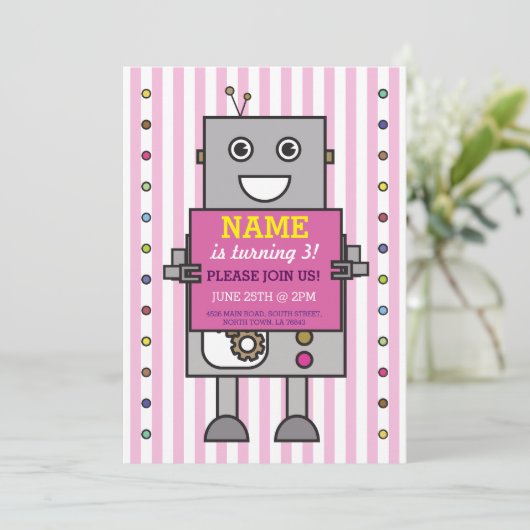 ROBOT Birthday Party roze Stripe Girls Invitation Kaart (Staand voorkant)