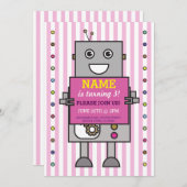 ROBOT Birthday Party roze Stripe Girls Invitation Kaart (Voorkant / Achterkant)