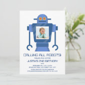 Robot Birthday Party Theme Boy Fotouitnodiging Kaart (Staand voorkant)